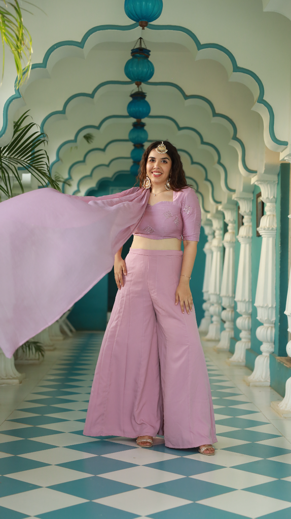 Buy Petal Pink Georgette Palazzo Crop-Top Set With Embroidery
